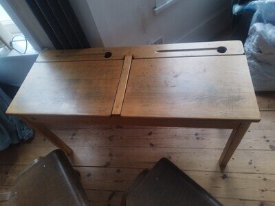 Vintage Wooden Double School Desk with Lift-Up Lids and Ink Wells Storage Space