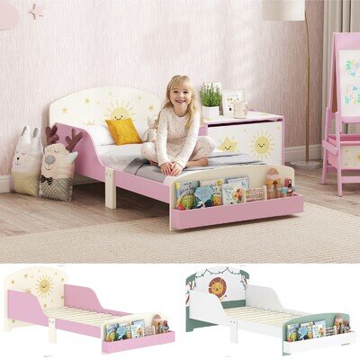 Toddler Bed Frame, Themed Kids Bed with Storage, Safe Guardrails