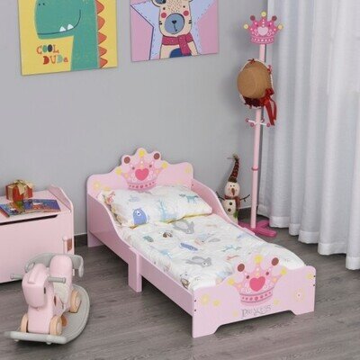 HOMCOM Kids Toddler Bed Princess Crown Theme Safety Side Rails Slats Home Bedroo