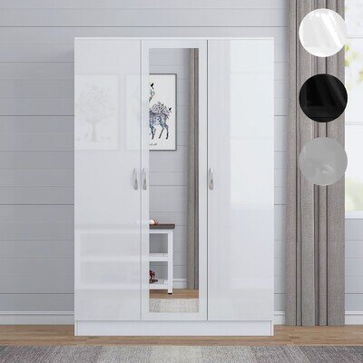 High Gloss Wooden 3 Door Wardrobe with Mirror and Hanging Rails Bedroom Storage