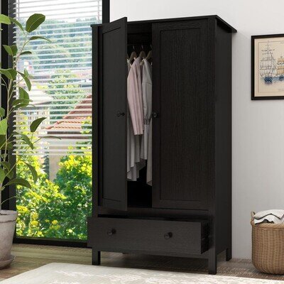 Panana 2 Door Wardrobe with 1 Drawer Storage Closet Hanging Rod Double Wardrobe