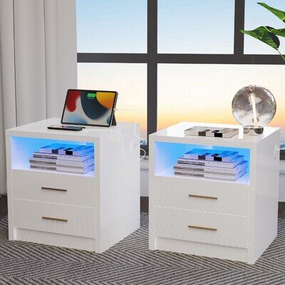 LED Bedside Table 2 Drawers Cabinet Charging Station Nightstand Storage Modern