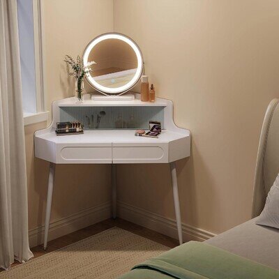 Woltu Dressing Table Corner Vanity Makeup Desk with Mirror 3-Color LED Lights