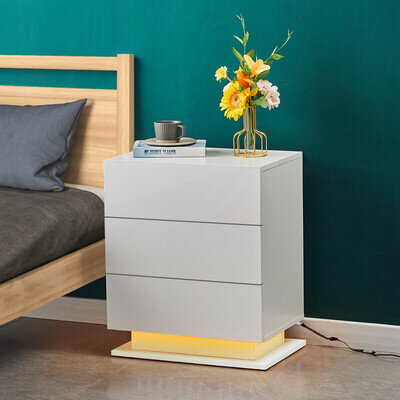 White High Gloss Bedside Table Cabinets Nightstand LED Light Chest of 3 Drawers