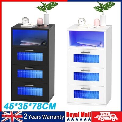 3 Drawers LED Bedside Table With Charging Port Nightstand Bedside Cabinet Nhsgsq