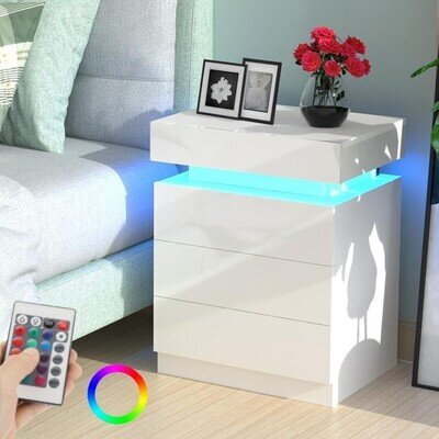 High Gloss Bedside Table RGB LED Nightstand 2/3 Drawers Side Table Storage