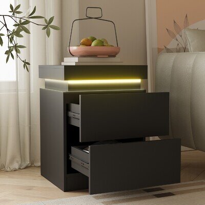 LED Light Bedside Table 2/3 Drawer Nightstand Storage Cabinet Charging Station