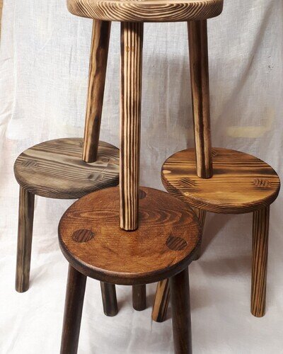 Small Wooden Stool Round natural oak + burnt effect Wooden Decorative