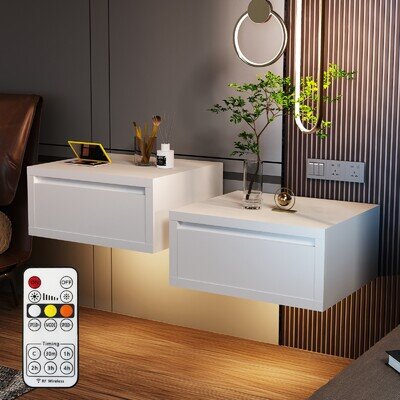 LED Floating Bedside Table Set of 2 Wall Mounted Nightstand With Drawer White
