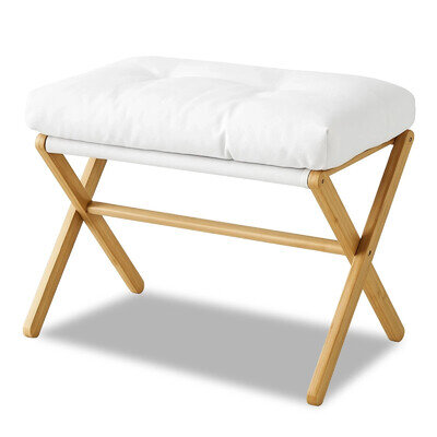 Modern Foldable Footrest Stool with Bamboo Legs & Cushion Seat for Living Room