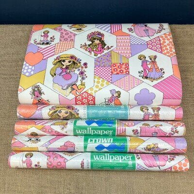 5 X VINTAGE HOLLY HOBBIE WALLPAPER ROLLS KITSCH CARTOON FLORAL 60/70s RARE 5 X VINTAGE HOLLY HOBBIE WALLPAPER ROLLS KITSCH CARTOON FLORAL 60/70s RARE