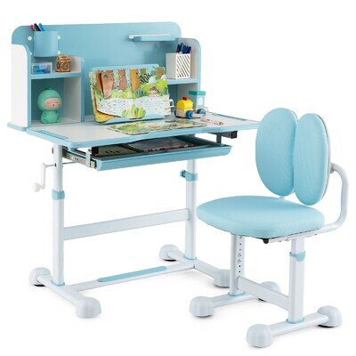 COSTWAY Kid¡¯s Study Desk & Chair Set Height-Adjustable Children Study Desk-Blue COSTWAY Kid¡¯s Study Desk & Chair Set Height-Adjustable Children Study Desk-Blue