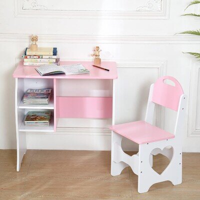 Wooden Kids Desk and Chair Set Children's Writing Study Table with Book Shelves Wooden Kids Desk and Chair Set Children's Writing Study Table with Book Shelves