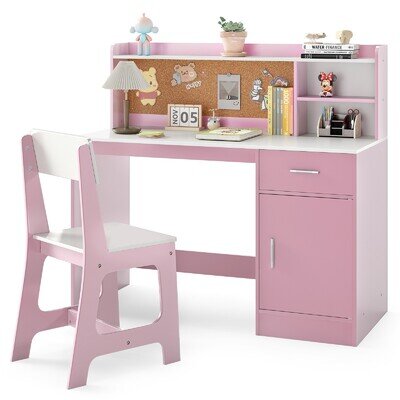 COSTWAY Kids Study Desk and Chair Set Wooden Children Writing Table-Pink COSTWAY Kids Study Desk and Chair Set Wooden Children Writing Table-Pink