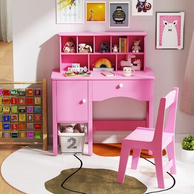 GAINOOM Kids Study Desk and Chair Set Children Wooden Craft Table Pink GAINOOM Kids Study Desk and Chair Set Children Wooden Craft Table Pink