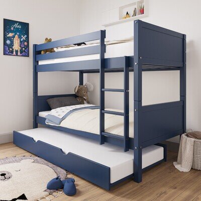 Single Bunk Bed Detachable Navy Blue Wooden with Trundle Bed and Ladder Single Bunk Bed Detachable Navy Blue Wooden with Trundle Bed and Ladder