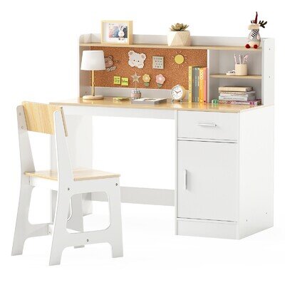 COSTWAY Kids Study Desk and Chair Set Wooden Children Writing Table-White COSTWAY Kids Study Desk and Chair Set Wooden Children Writing Table-White