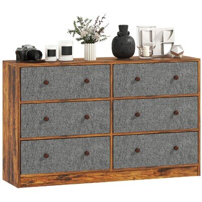 HOMCOM Chest of Drawers, 6 Drawer Dresser for Bedroom, Grey and Rustic Brown