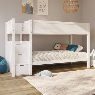 Bunk Bed with Stairs and Storage in White - Jaycee JAY001 Bunk Bed with Stairs and Storage in White - Jaycee JAY001