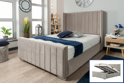NEW PLUSH VELVET WING PANEL OTTOMAN STORAGE BED FRAME UPHOLSTERED DOUBLE & KING