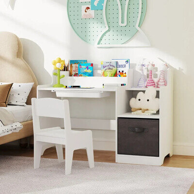 Kids Study Desk and Chair Set Children Study Table with Open Shelves-White Kids Study Desk and Chair Set Children Study Table with Open Shelves-White