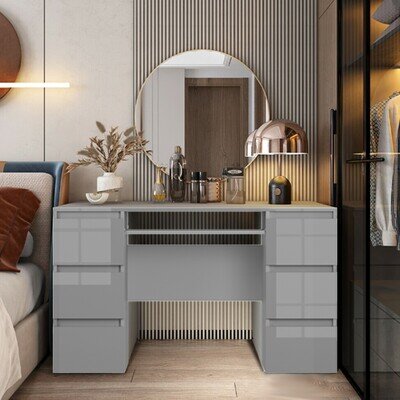Grey Dressing Table High-gloss Vanity Makeup Desk 6 Drawers Home Computer Desk Grey Dressing Table High-gloss Vanity Makeup Desk 6 Drawers Home Computer Desk