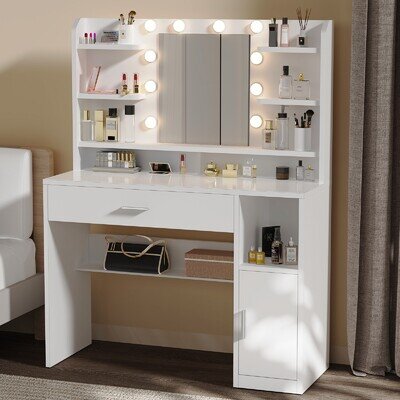 Dressing Table w/ LED Lights Mirror,Makeup Vanity Table w/ Shelves & Drawer Msaq Dressing Table w/ LED Lights Mirror,Makeup Vanity Table w/ Shelves & Drawer Msaq
