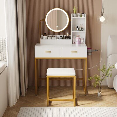 Vanity Dressing Table Set LED Light Mirror Stool Shelves Drawers Modern Gold Vanity Dressing Table Set LED Light Mirror Stool Shelves Drawers Modern Gold