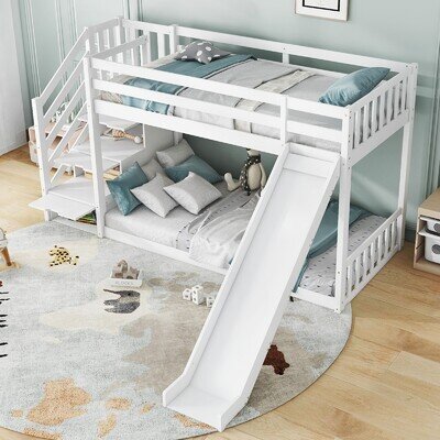 Bunk Bed with Storage Stairs and Slide, Solid Pine Wood Frame For Kids, Children