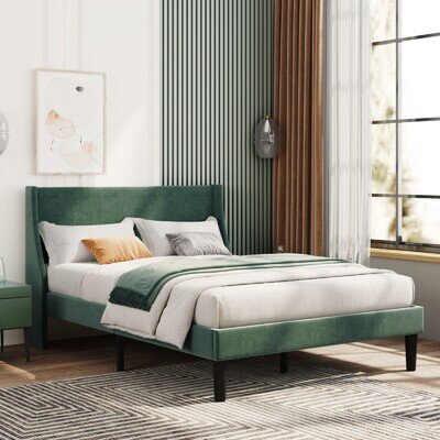Double Bed Frame, Soft Velvet Green 4FT6 Upholstered Bed with Winged Headboard