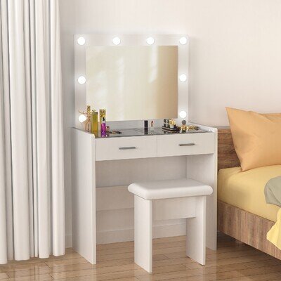 Dressing Table Makeup Desk Vanity Set with LED Mirror & Stool - Glass Top Lwpugt Dressing Table Makeup Desk Vanity Set with LED Mirror & Stool - Glass Top Lwpugt
