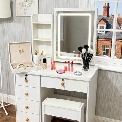 Dressing Table Makeup Desk Vanity Set with LED Lights Mirror 4 Drawer and Stool Dressing Table Makeup Desk Vanity Set with LED Lights Mirror 4 Drawer and Stool