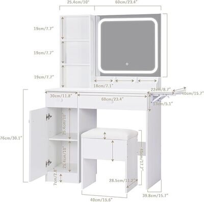 Vanity Table LED Light Mirror Makeup Dressing Desk With Drawers And Shelf UK New Vanity Table LED Light Mirror Makeup Dressing Desk With Drawers And Shelf UK New