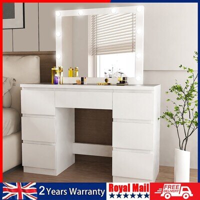 White Dressing Table Wood Makeup Desk with Hollywood LED Mirror 7 Drawer Bedroom White Dressing Table Wood Makeup Desk with Hollywood LED Mirror 7 Drawer Bedroom