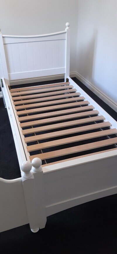Children's White Wooden Single Bed Frame with Vertical Groove Pattern