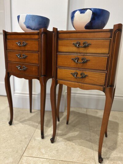Pair Vintage French Carved 3 Drawer Cherrywood Bedside Drawers Table Units