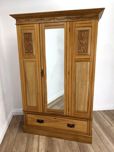 WARDROBE Tall Carved Oak Mirror Plinth Bottom Drawer Hanging Rail FREE DELIVERY