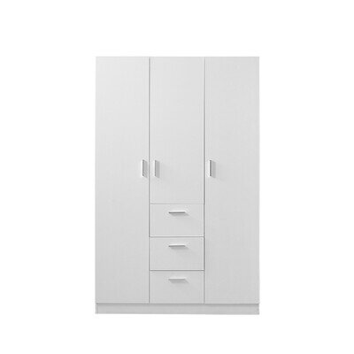 White 3 Door 3 Drawer Triple Wardrobe with Storage Shelves Hanging Rod Bedroom