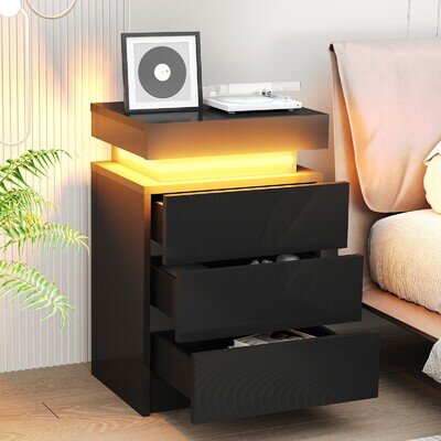 RGB High Gloss 2/3 Drawer Bedside Table Cabinet LED Light Storage Nightstand