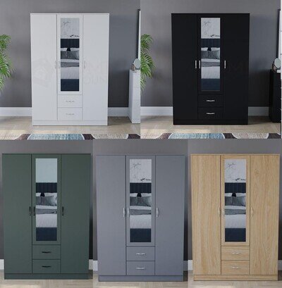 Modern Wide Wardrobe 3 Door 2 Drawers Storage Hanging Rail Bedroom Furniture