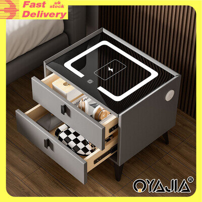 LED Bedside Table with 2 Drawers Cabinet Charging Station Nightstand Storage NEW