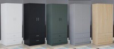 Modern Wardrobe Closet 2 Doors 2 Drawers Storage Hanging Rail Bedroom Furniture