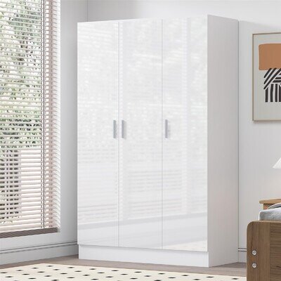 3 Door Plain Wardrobe - White Gloss Fronts / White Matt Carcass REFLECT
