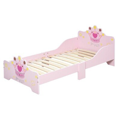 HOMCOM Kids Toddler Bed Princess Crown Theme Safety Side Rails Slats Home Bedroo