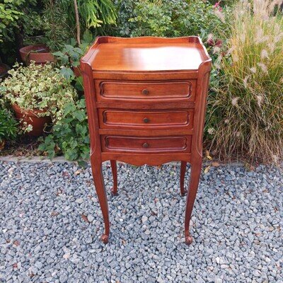 Pretty French Vintage Wooden Three Drawer Bedside Table / Cabinet