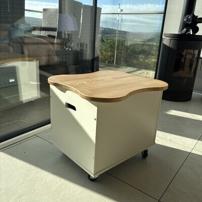 Wooden Storage Box - Stool Toy Box On Wheels White & Oak Colour Handles - New