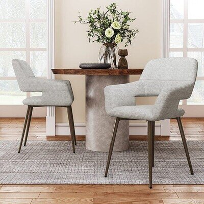 Grey Linen Dining Chairs 2PC/Set Kitchen Leisure Seat w/ Metal Legs Accent Chair