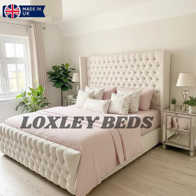 WINGED BED PLUSH VELVET UPHOLSTERED FRAME MADE IN UK DOUBLE KING SIZE WING BED