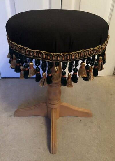 Lovely Black Green & Gold Padded Tasselled Wooden Pedestal Vanity Bedroom Stool