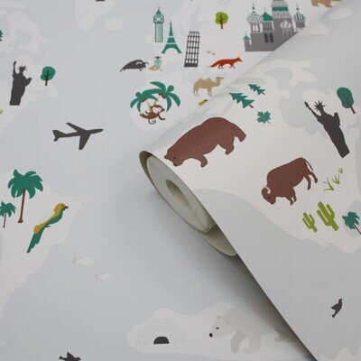 Poggea Cartoon World Map Light Blue Textured Wallpaper - New